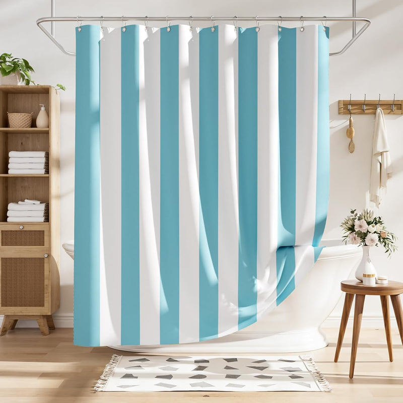 Striped shower curtain with blue and white vertical stripes in a bathroom setting.