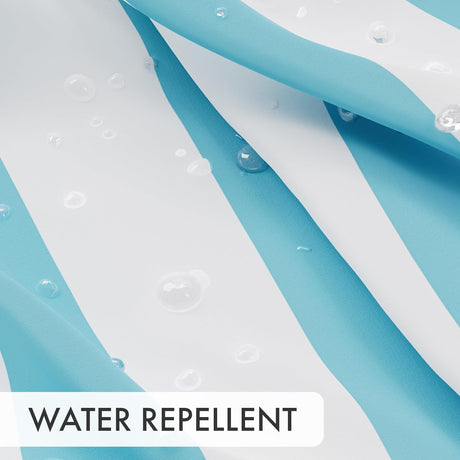 shower curtain with water repellent surface and text overlay