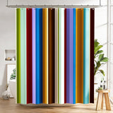 Colorful striped shower curtain in a bathroom setting