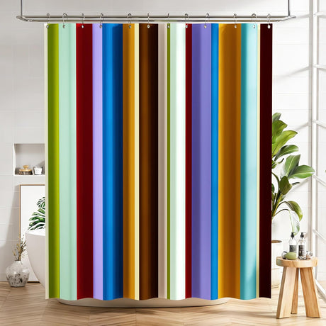 Colorful striped shower curtain in a bathroom setting