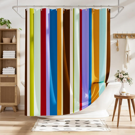Colorful striped shower curtain in a bathroom setting with wooden furniture and decor.