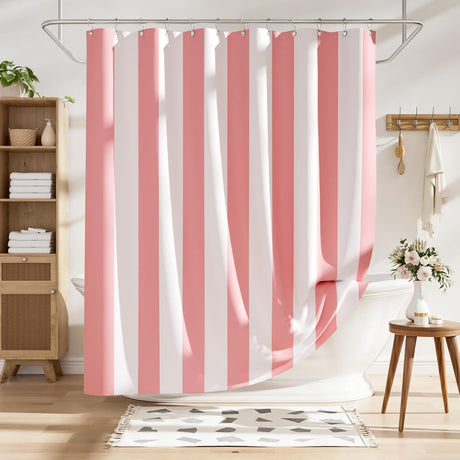 Pink and white striped shower curtain in a bathroom setting with wooden shelves and a small table.