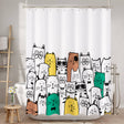 Shower curtain with colorful cat illustrations in a bathroom setting