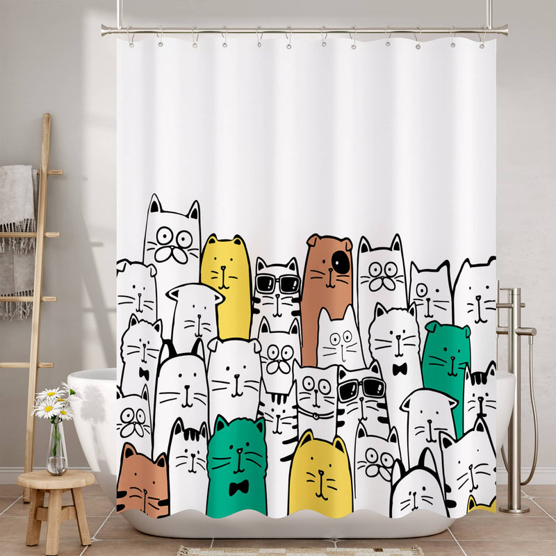 Shower curtain with colorful cat illustrations in a bathroom setting