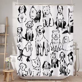 Shower curtain with black and white dog pattern in a bathroom setting