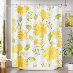 Shower curtain with yellow floral design in a bathroom setting