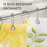Shower curtain hooks with a floral design and text indicating rust-resistant grommets.