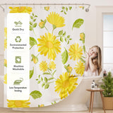 Shower curtain with yellow floral design and product features on the side