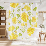 Shower curtain with yellow floral pattern in a bathroom setting