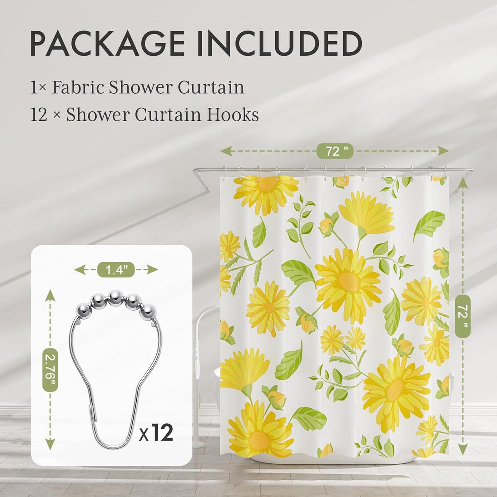Fabric shower curtain with yellow floral pattern and shower curtain hooks on a gray background