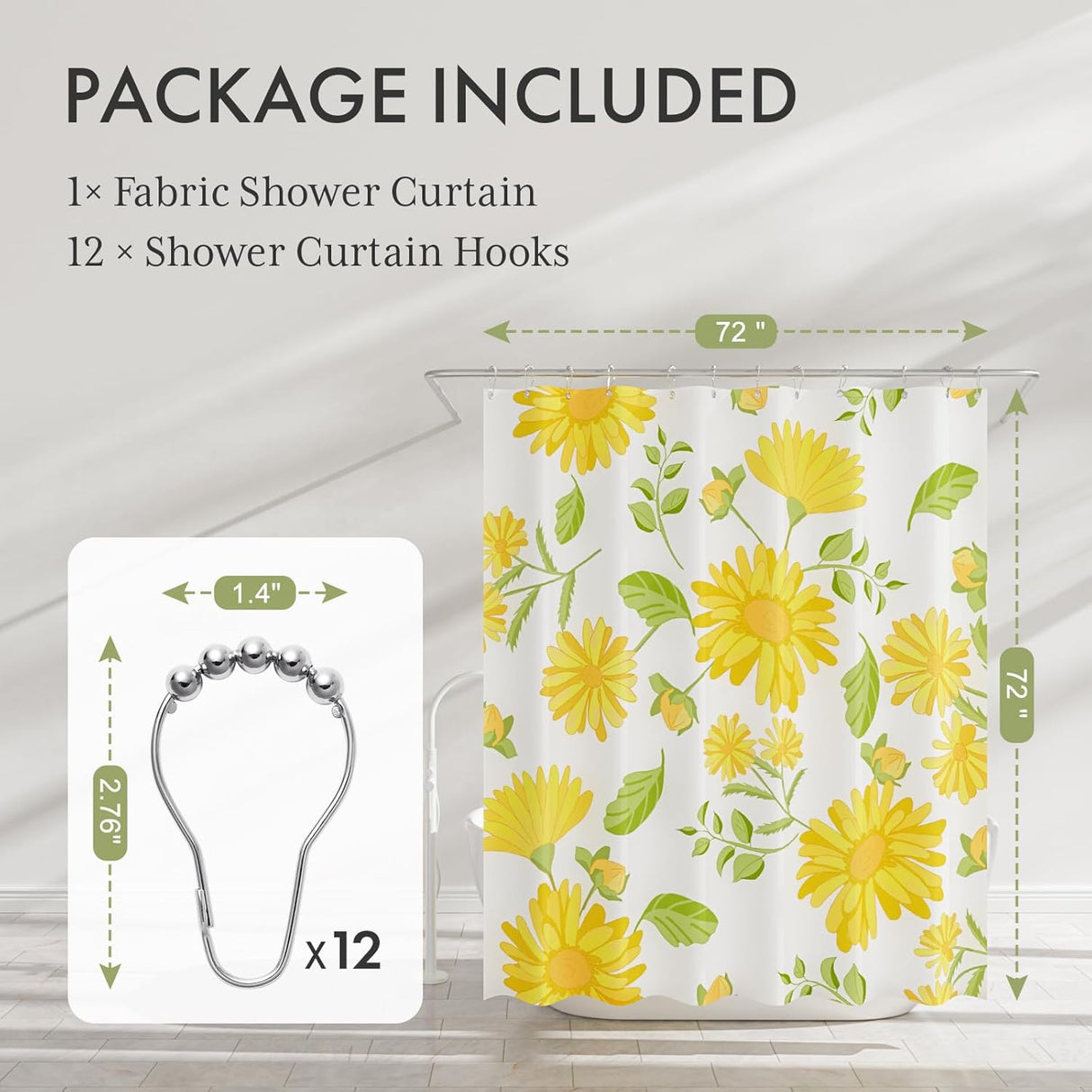 Fabric shower curtain with yellow floral pattern and shower curtain hooks on a gray background