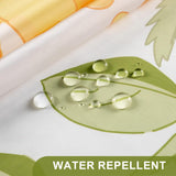 Water droplets on a water-repellent fabric with a leaf design, labeled 'WATER REPELLENT'.