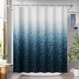 Shower curtain with blue gradient design in a bathroom setting