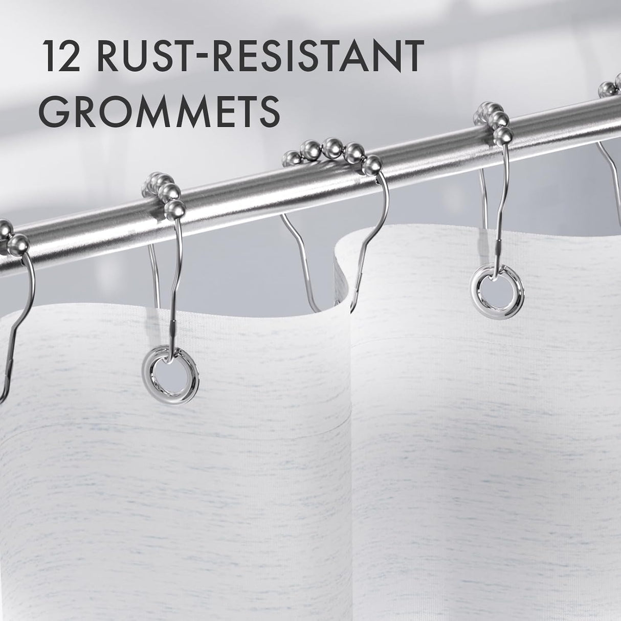 Curtain rod with shower hooks and text '12 Rust-Resistant Grommets' on a white background