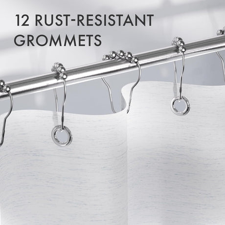 Curtain rod with shower hooks and text '12 Rust-Resistant Grommets' on a white background