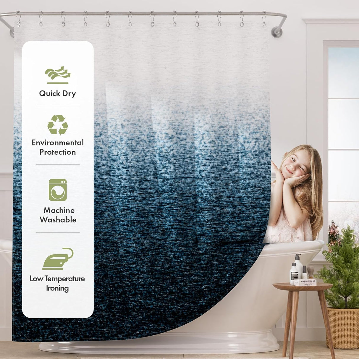 Shower curtain with quick dry, environmental protection, machine washable, and low temperature ironing features.