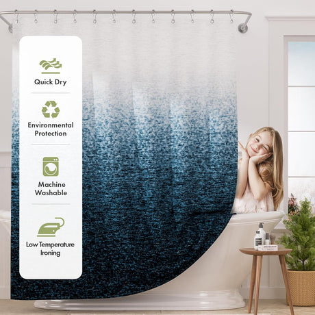 Shower curtain with quick dry, environmental protection, machine washable, and low temperature ironing features.