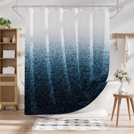 Shower curtain with blue and white gradient in a bathroom setting