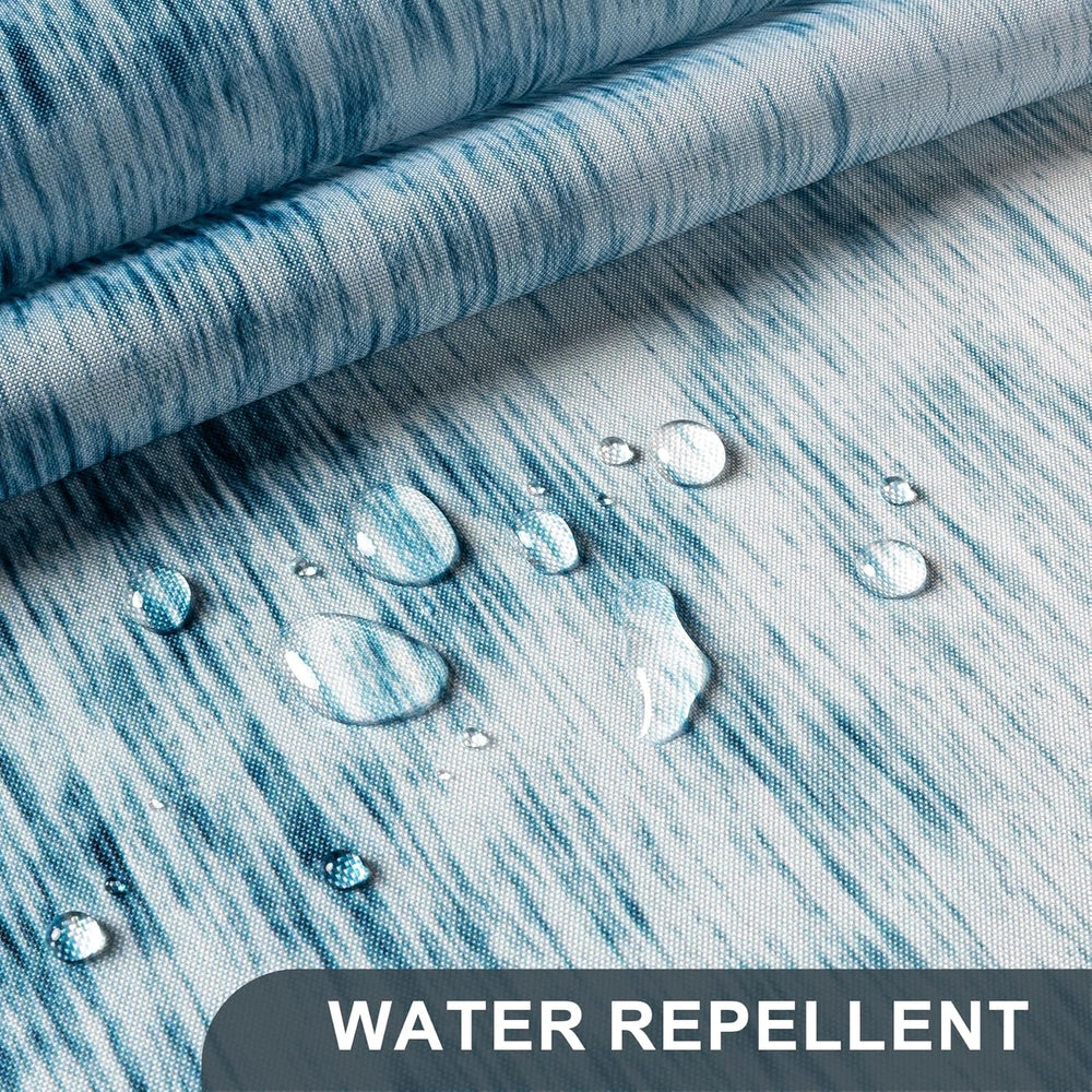 Water droplets on water-repellent fabric with 'WATER REPELLENT' text.