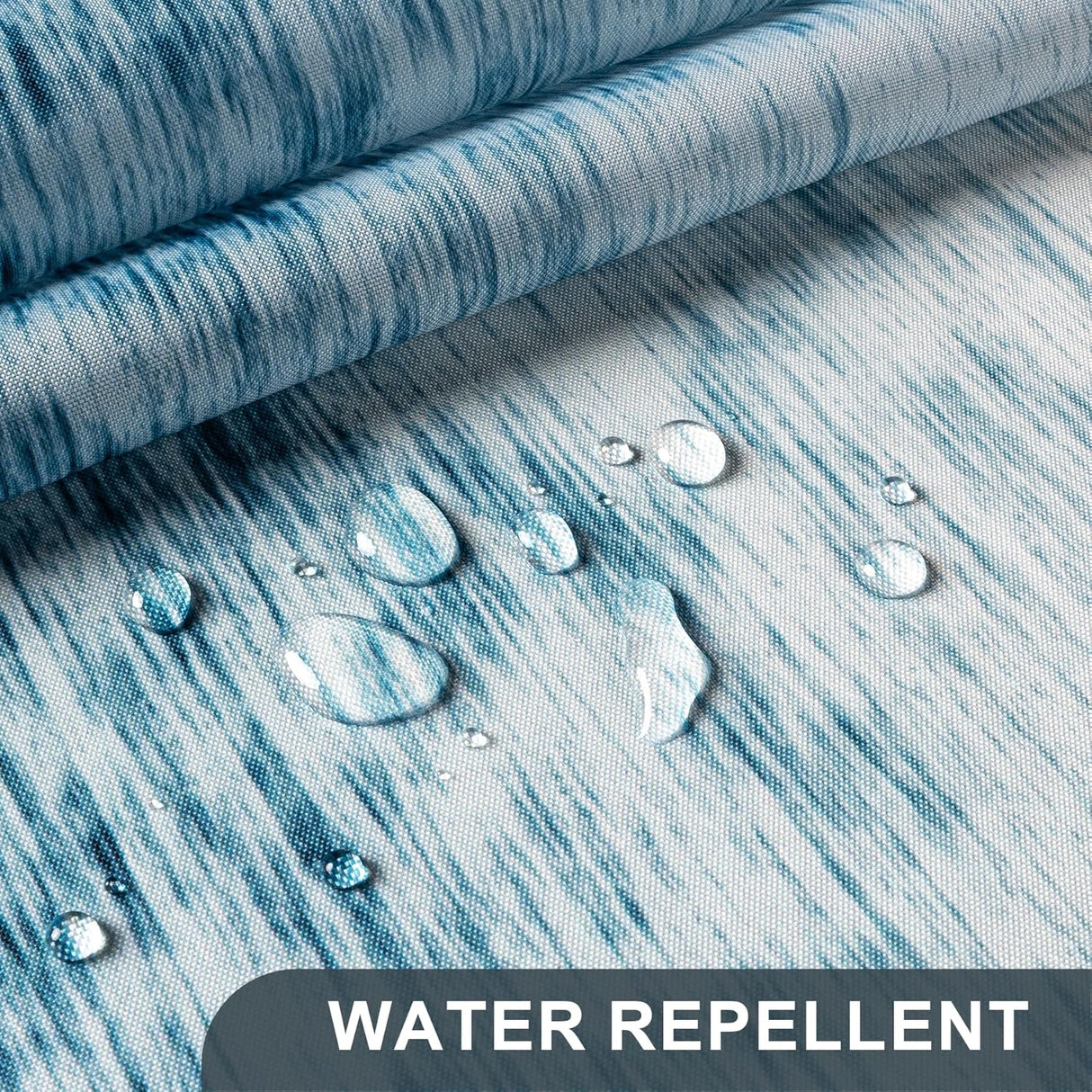 Water droplets on water-repellent fabric with 'WATER REPELLENT' text.