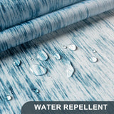 Water droplets on water-repellent fabric with 'WATER REPELLENT' text.