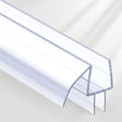 Clear plastic seamless glass door seal strip with a U-shaped profile on a white background