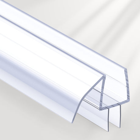 Clear plastic seamless glass door seal strip with a U-shaped profile on a white background