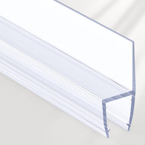 Clear plastic glass door seal strip with blue border on a white background