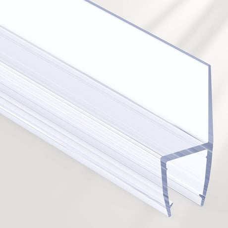 Clear plastic glass door seal strip with blue border on a white background