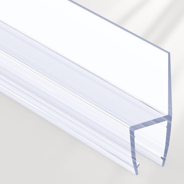 Clear plastic glass door seal strip with blue border on a white background