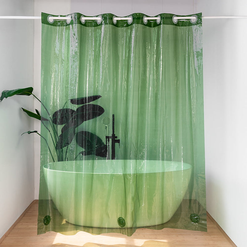 Green shower curtain liner with a bathtub and plant design in a bathroom setting