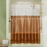 Clear shower curtain with brown pattern in a bathroom setting