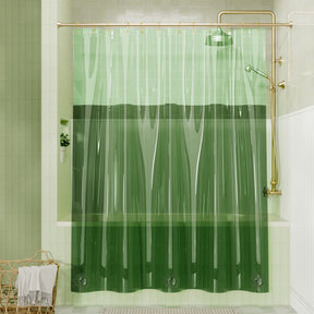 Green shower curtain with wavy pattern in a bathroom setting