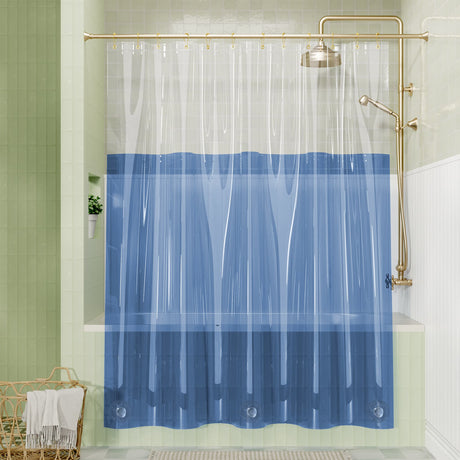 Clear shower curtain with blue bottom section in a bathroom setting