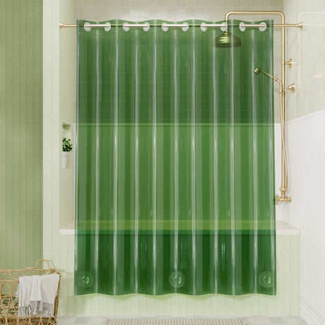 Green shower curtain with vertical stripes in a bathroom setting