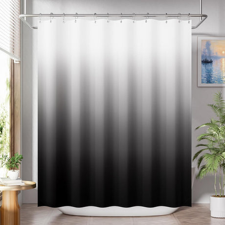 Gradient shower curtain transitioning from white to black in a bathroom setting.