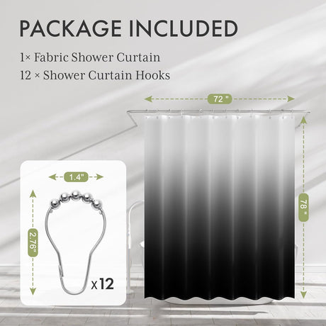 Fabric shower curtain with hooks and dimensions displayed on a gray background