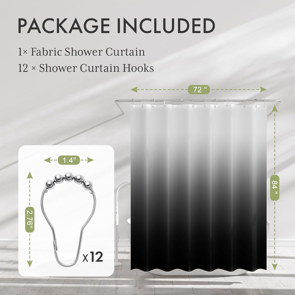 Fabric shower curtain with hooks and dimensions displayed on a gray background