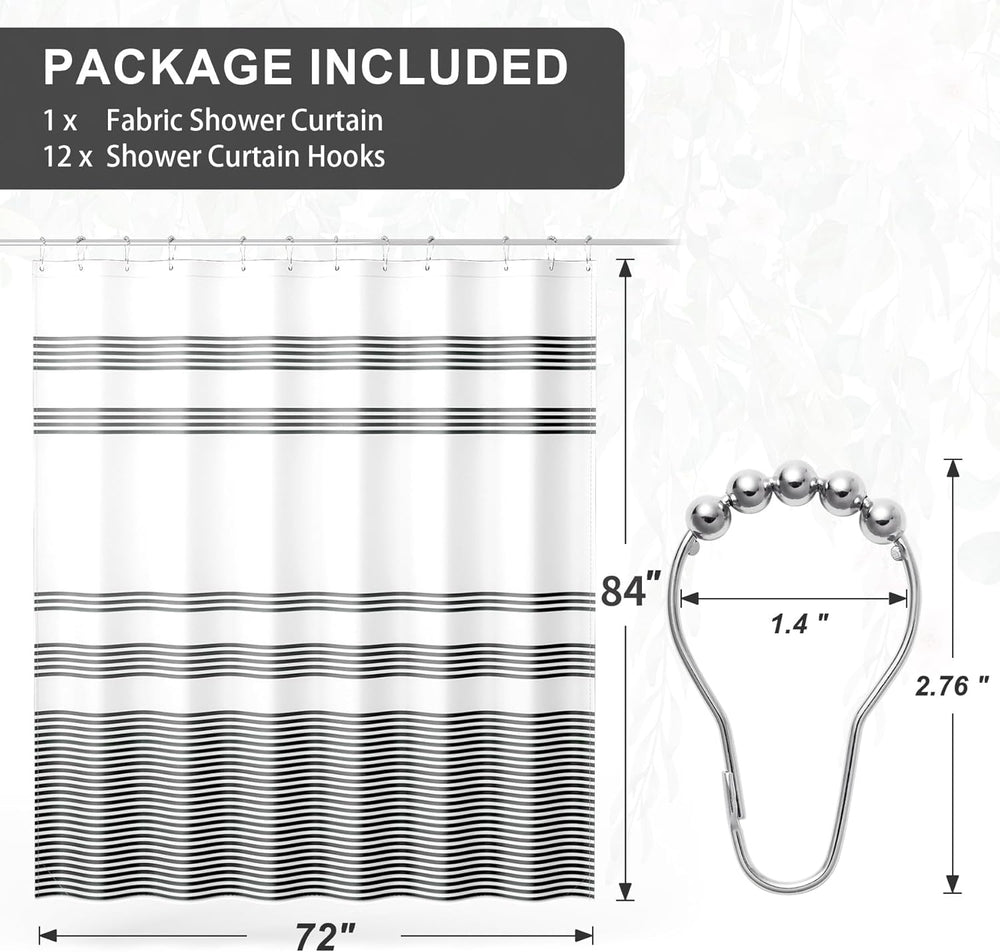 Fabric shower curtain with black stripes and shower curtain hooks on a white background