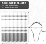 Fabric shower curtain with black stripes and shower curtain hooks on a white background