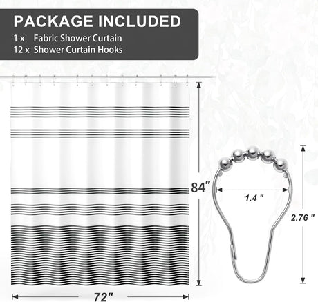 Fabric shower curtain with black stripes and shower curtain hooks on a white background