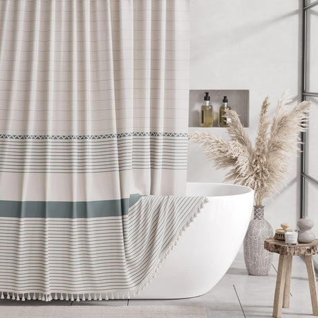 Farmhouse Shower Curtain with Tassel Blue