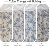 Floral patterned fabric swatch showing color changes under different lighting conditions.