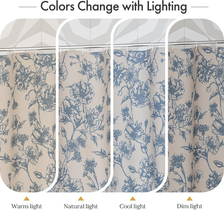 Floral patterned fabric swatch showing color changes under different lighting conditions.