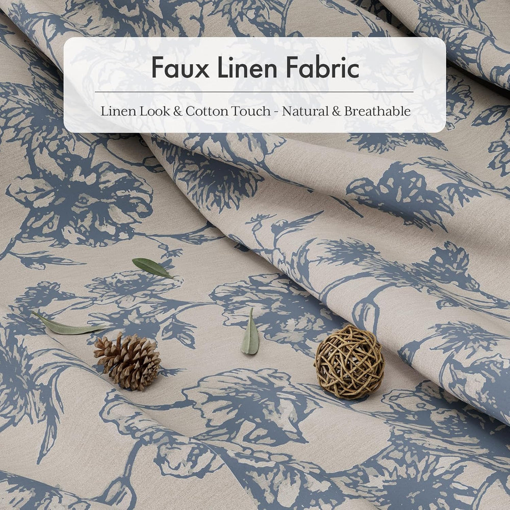 Faux linen fabric with floral pattern and decorative elements on a plain background