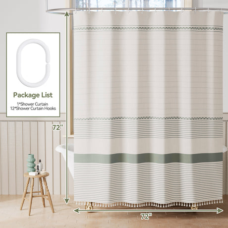Farmhouse Shower Curtain with Tassel Green