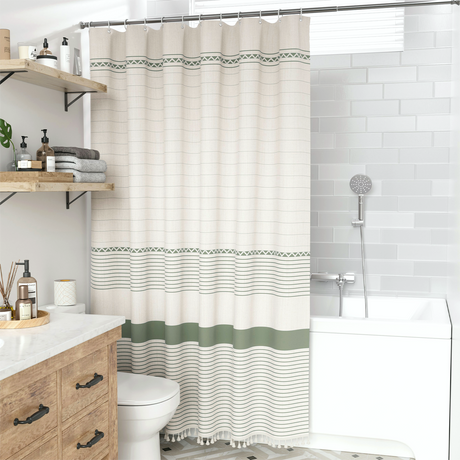 Farmhouse Shower Curtain with Tassel Green