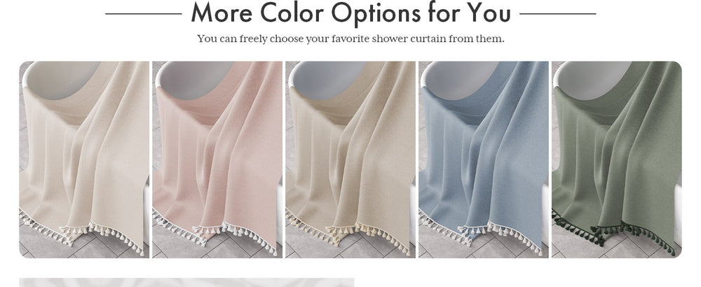 Collage of shower curtains in various colors with text about color options.