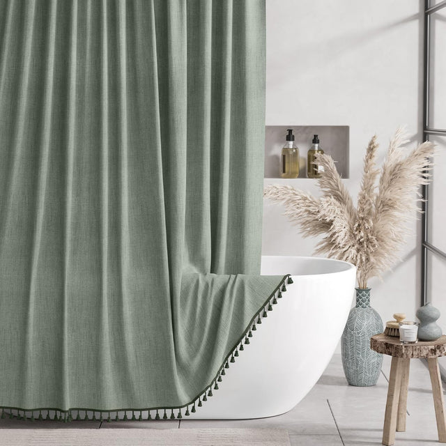 Material thickness detail of the Farmhouse Faux Linen Shower Curtain with Tassels.