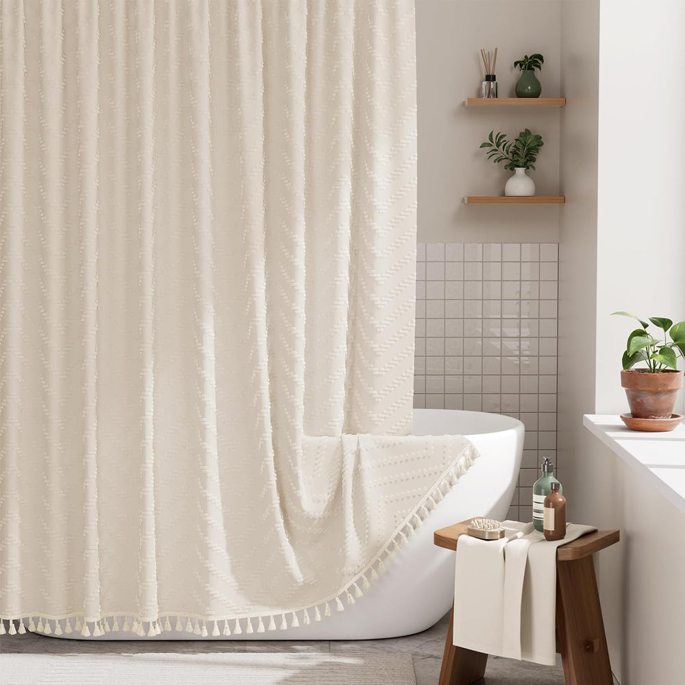 Bathroom with a white bathtub, shower curtain, and wooden stool.